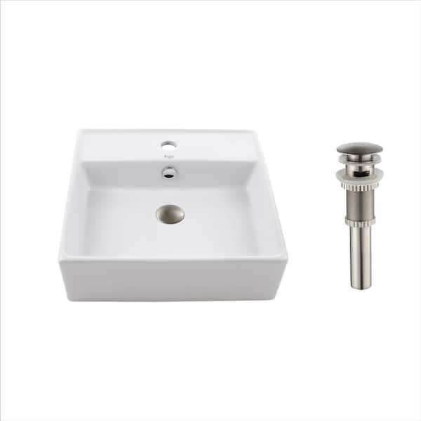 KRAUS Square Ceramic Vessel Bathroom Sink with Overflow in White and Pop Up Drain in Satin Nickel