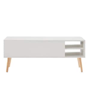 43.3 in. L Matte White Coffee Table, Liftable Table Top Computer Table w\ Solid Wood Legs Support & Storage Compartment