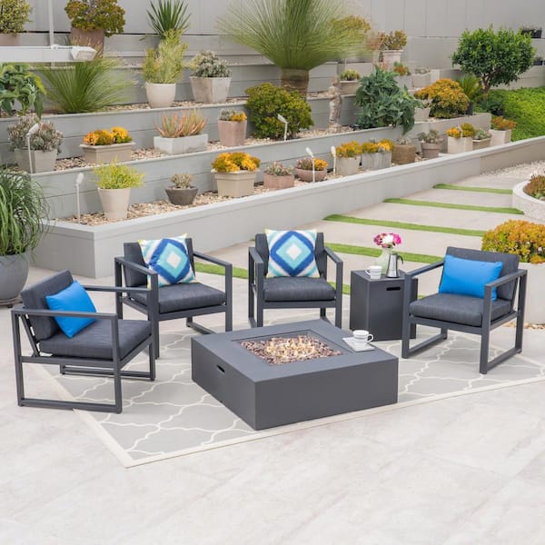 Noble House Navan Black 6-Piece Aluminum Patio Fire Pit Conversation Set with Dark Grey Cushions