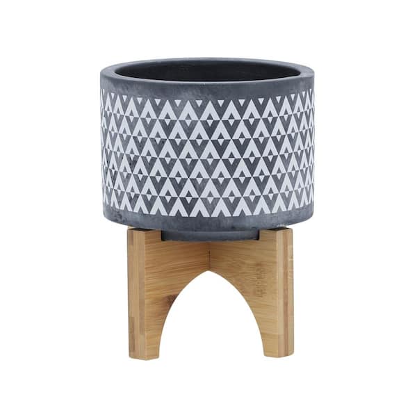 Flynama 5 in. Gray Ceramic Planter Stand Plant Pot with Wood Stand Feet for Outdoor/Indoor Stand (1-Pack)