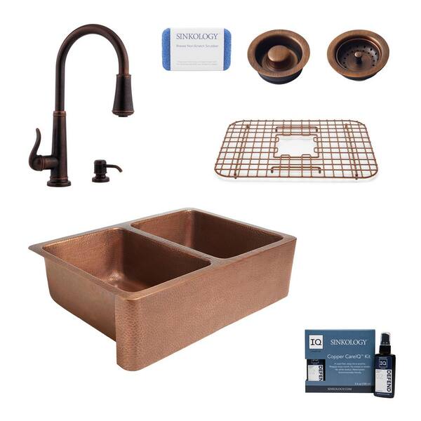 SINKOLOGY Rockwell All-in-One Farmhouse Apron-Front Copper 33 in. 50/50 Double Bowl Kitchen Sink with Pfister Faucet and Drains