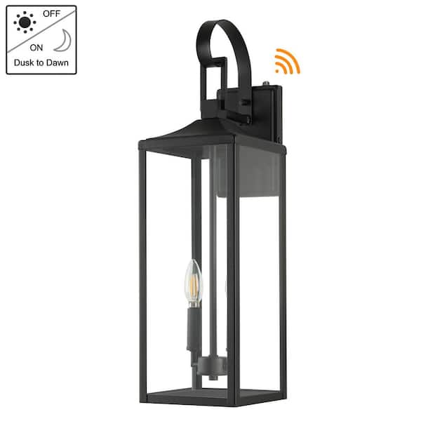 Castle 2-Light 25 in. Matte Black Outdoor Wall Lantern Sconce with Dusk to Dawn Sensor