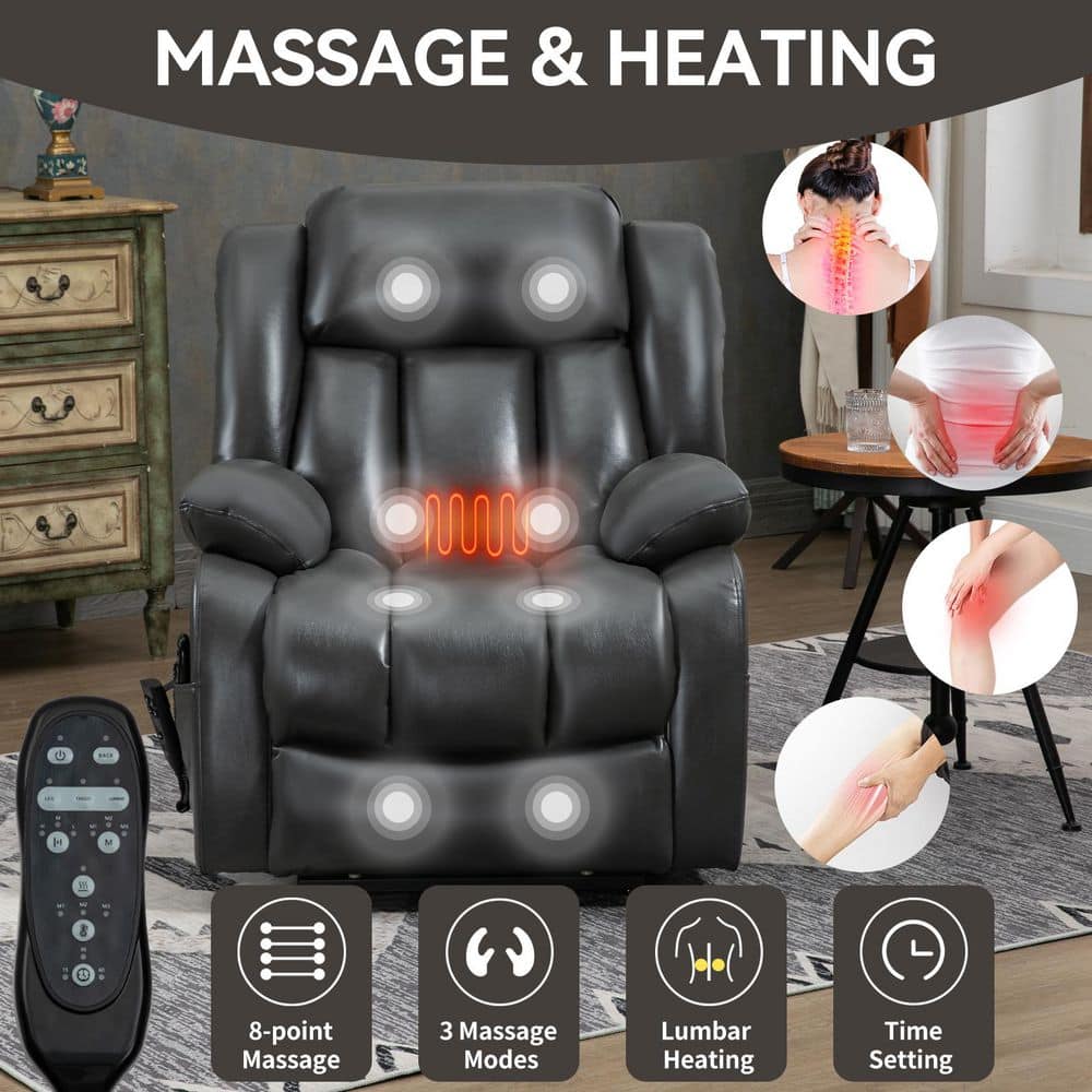 Grey Genuine Leather Power Lift Recliner Chair Dual Motor Recliner with 8-Point Vibration Massage, Lumbar Heating - Thumbnail 4