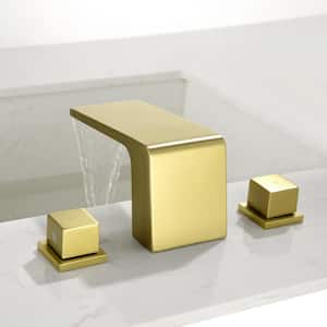 Oberlin Deck Mount 8 in. Widespread 3 Holes 2-Handle Waterfall Bathroom Faucet in Brushed Gold