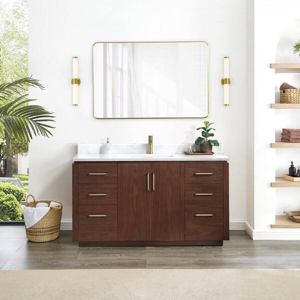 ROSWELL San 60 in.W x 22 in.D x 33.8 in.H Single Sink Bath Vanity in Natural Walnut with White Composite Stone Top and Mirror