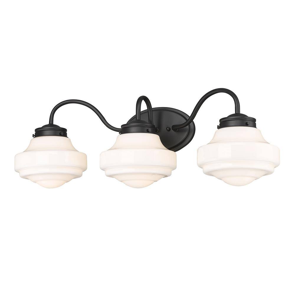 Matte Black and White Glass 3-Light Bath Vanity Fixture