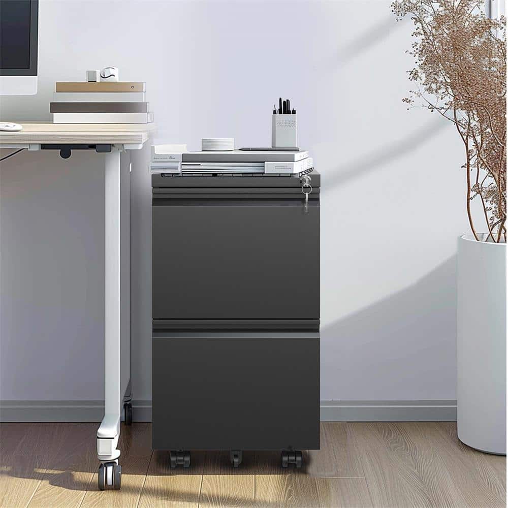 Black 26 in. H Metal Office Storage Cabinet Steel Mobile File Cabinet with Lock and 2-Drawers