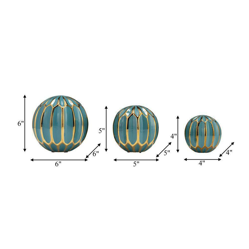 Set of 3 Turquoise and Gold Ceramic Decorative Orbs