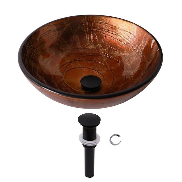 LORDEAR 16-1/2 in. Tempered Glass Brown Round Bathroom Vessel Sink with Drain