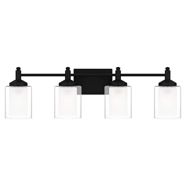 DSI LIGHTING Jaylin 30.75 in. 4-Light Matte Black Vanity Light with Clear and Frosted Glass Shades