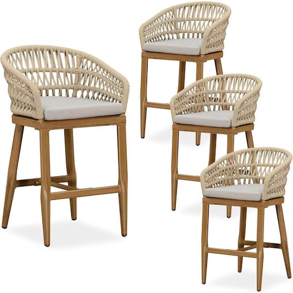 Modern Aluminum Rattan Counter Height Outdoor Bar Stool with Back and Beige Cushion (4-Pack)