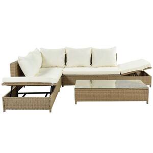 3-Piece Wicker Rattan Outdoor Sectional Sofa Set with Beige Cushion and Tempered Glass Table
