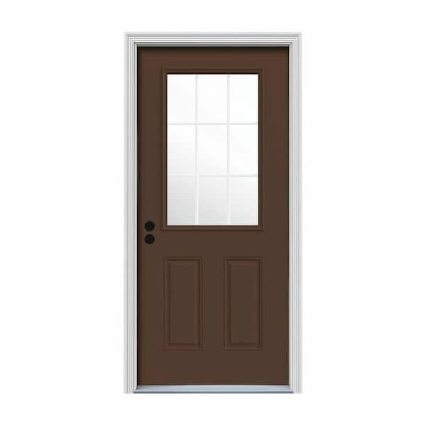 JELD-WEN 30 in. x 80 in. 9 Lite Dark Chocolate Painted Steel Prehung Right-Hand Inswing Entry Door w/Brickmould