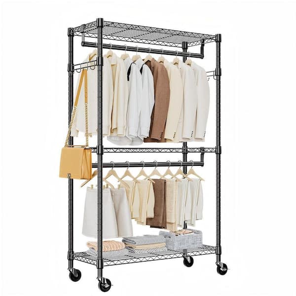 Black 3 Tiers Heavy Duty Steel Rolling Clothes Rack with 2 Rods and Side Hooks, 29.5 in. W x 74.5 in. H x 15.7 in. D