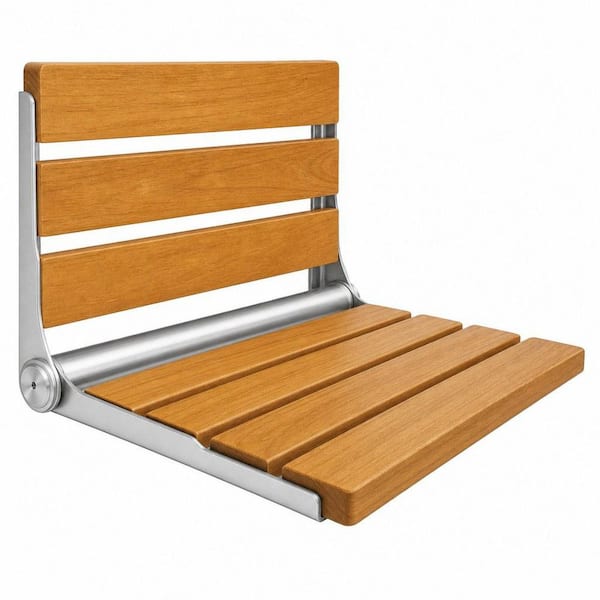 17.5 in. Teak Shower Seat in Brown, Bath Safety Furniture Stainless Steel for Elderly, Fold Down Shower Seat
