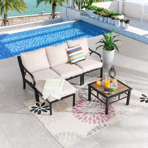 Patio Festival 5-Piece Metal Patio Conversation Set with Beige Cushions