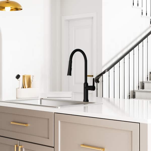 18 in. H Spout 360° Swivel Single Handle Pull Out 2-Sprayer Kitchen Faucet with Brass Rough-in Valve in Matte Black