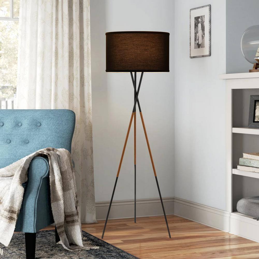 Black Tripod Floor Lamp with Fabric Shade and Faux Leather Accents