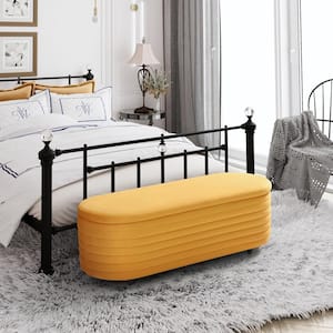 Farrah 54 in. Wide Oval Velvet Upholstered Entryway Flip Top Storage Bedroom Accent Bench in Mustard