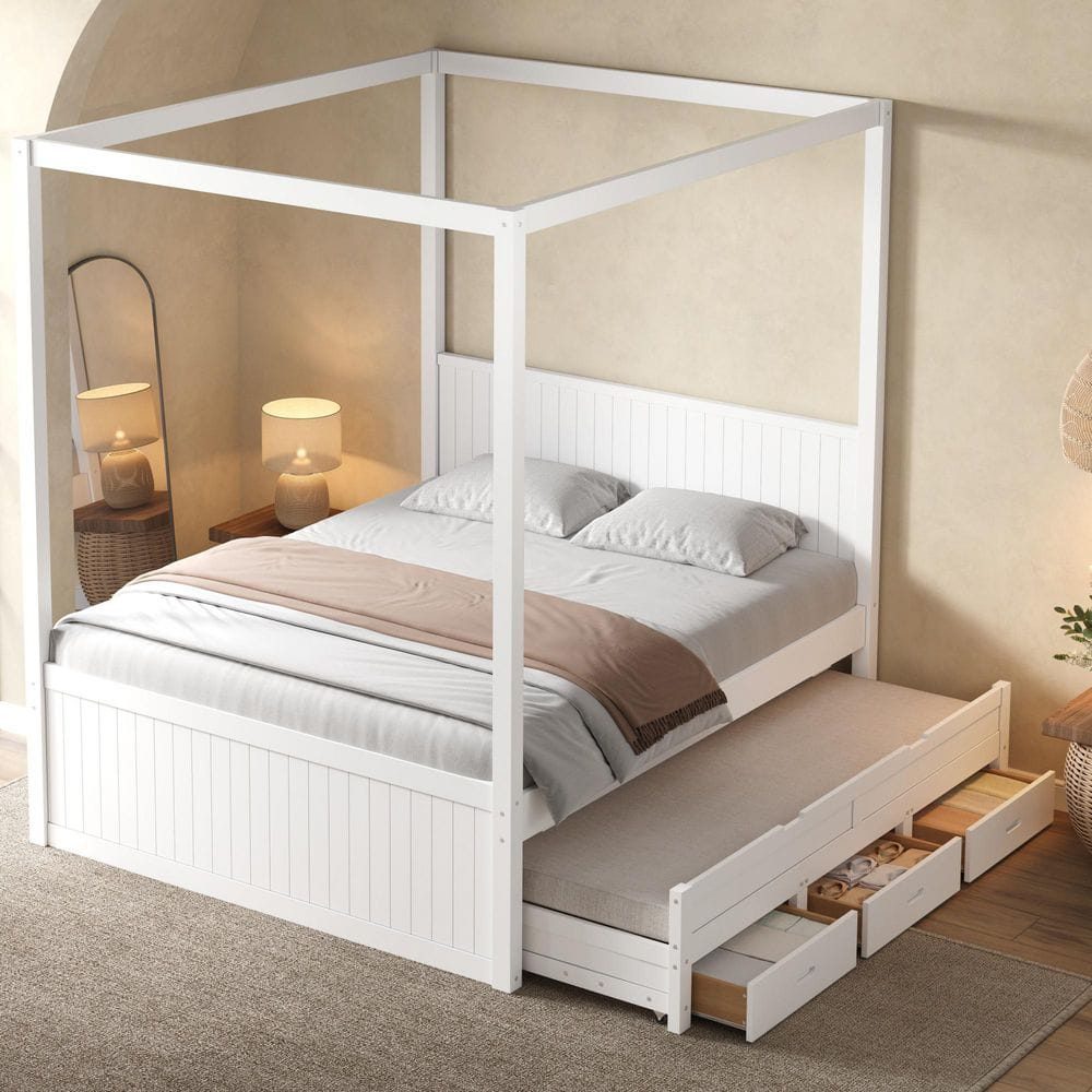 White Wood Frame Full Size Canopy Bed with Trundle, 3-Drawers