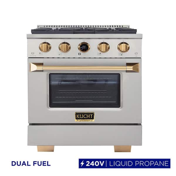 30 in. 4.2 cu.ft. 4-Burners Dual Fuel Range Propane Gas in Stainless Steel with Gold Accents and Digital Dial Thermostat