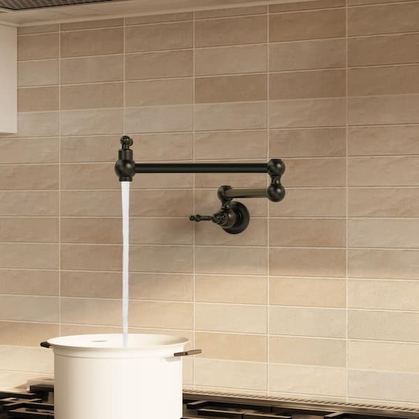 24 in. Extended Reach Wall Mount Pot Filler Kitchen Faucet 2-Handle with Dual Swivel Arms in Matte Black