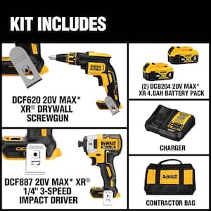 20V MAX XR Cordless Drywall Screw Gun/Impact Driver 2 Tool Combo Kit with (2) 20V 4.0Ah Batteries and Charger