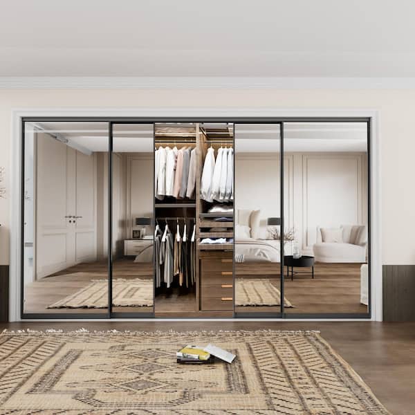 144 in. x 80 in. 1-Lite Black Mirrored Glass and Aluminum Frame Finished Closet Sliding Door with Hardware Kit