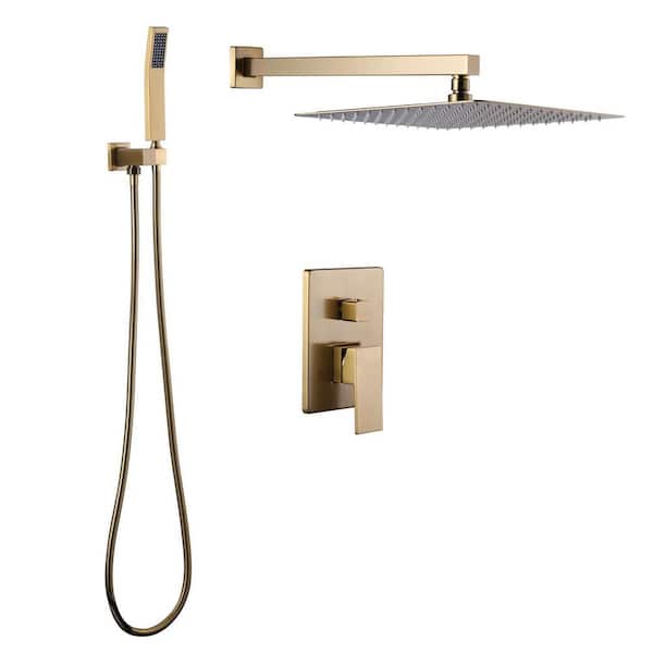 Wall Mount Dual Single Handle 2-Spray Shower Faucet 1.8 GPM with 12 in. Square Shower Head and in Brushed Gold