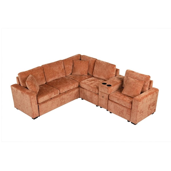 120.5 in. Chenille L-shaped Sectional Sofa in. Orange with Pull-Out Bed and Cup Holders