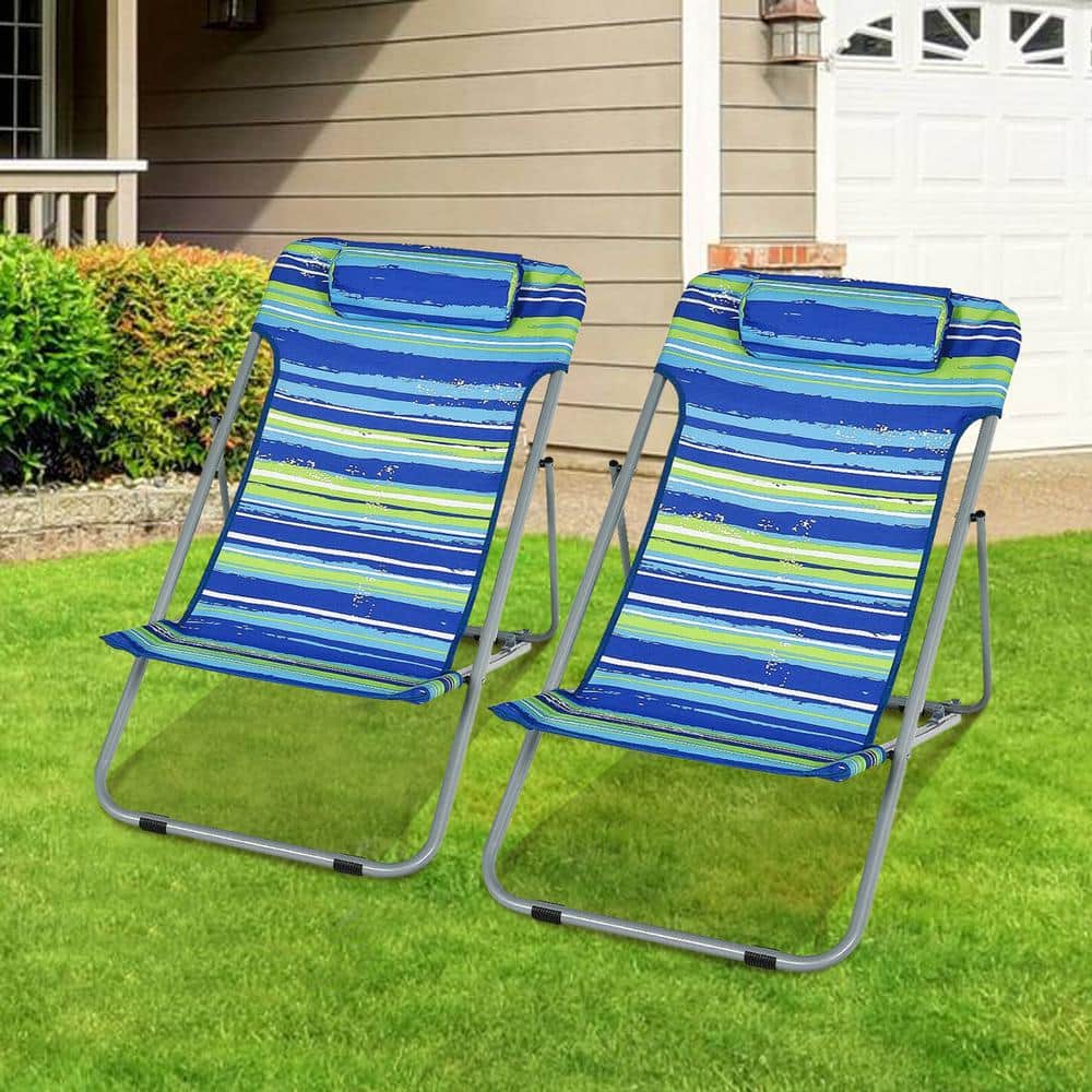 Blue Striped Folding Armless Camping Beach Chairs with Headrest, Set of 2