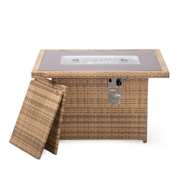 Leisuremod Mace 44 in. Light Brown Modern Wicker 55,000 BTU Propane Patio Fire Pit Table with Lid and Fire Glass