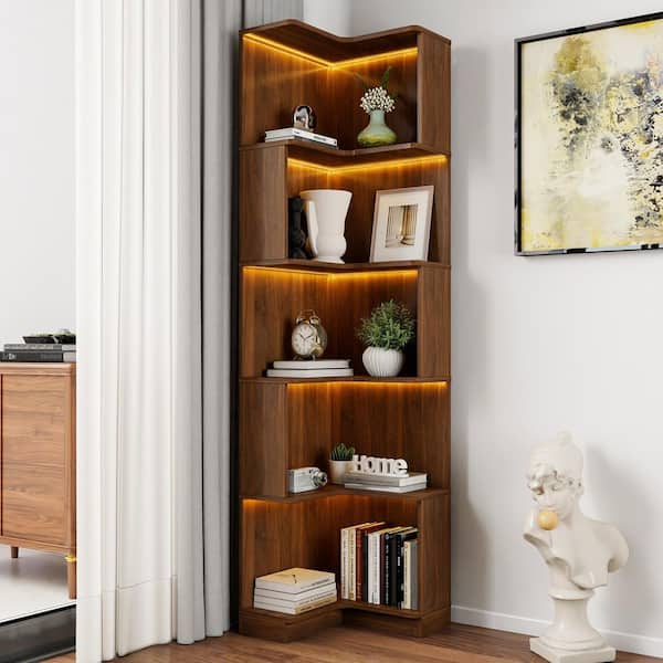 Nathan 68.9 in. Tall Walnut Wood 5-Shelf Accent Storage Bookcase with Baffle, Led Lights
