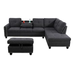 104 in. Square Arm 3-Piece Linen L-Shaped Sectional Sofa in Black Gray