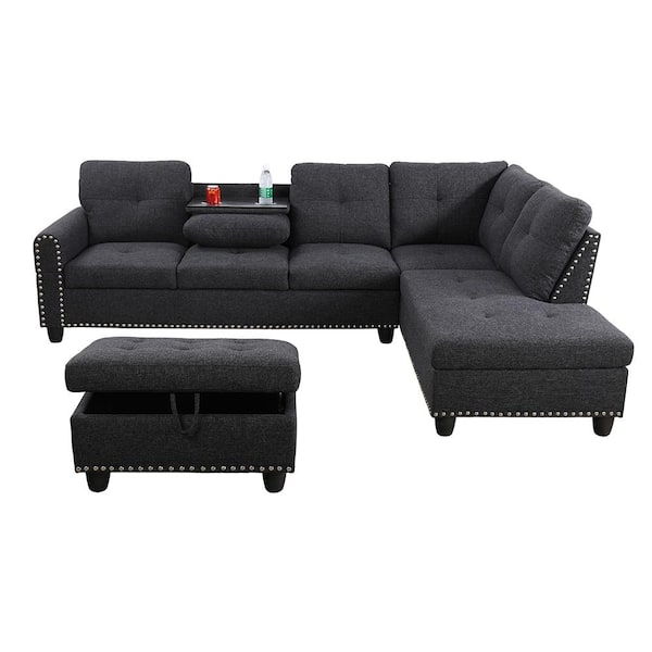 Star Home Living 104 in. Square Arm 3-Piece Linen L-Shaped Sectional Sofa in Black Gray