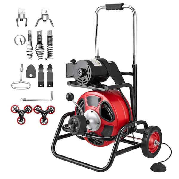 Drain Cleaner Machine 75 FT. x 1/2 In., Auto Feed Sewer Snake Auger, with 8 Cutters & Foot Switch, Climbing Wheels, Drum