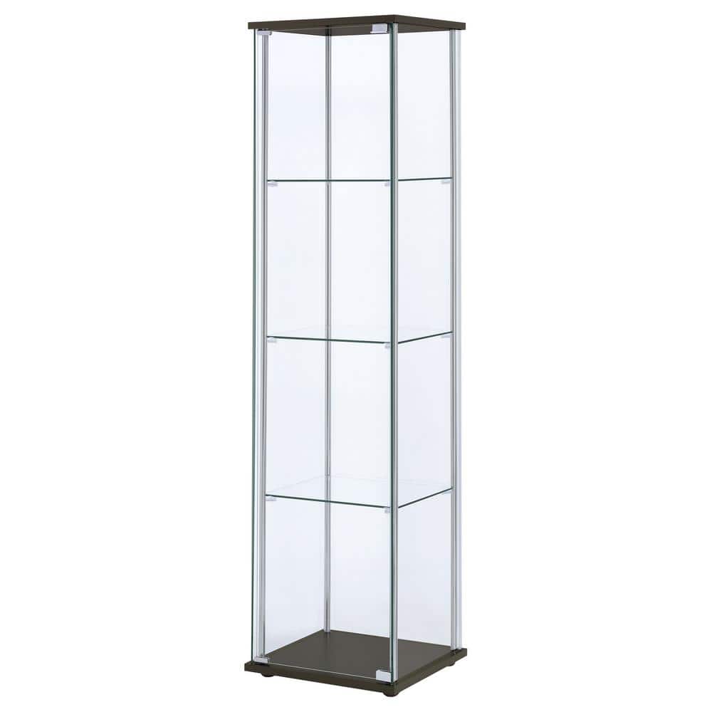 Transitional Cappuccino and Chrome Lighted Curio Cabinet with Glass Shelves