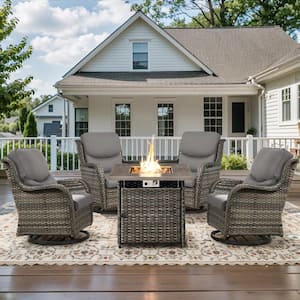 5-Piece Gray Wicker Outdoor Square Fire Pit Conversation Set with Gray Cushions and Swivel Rocker Patio Chairs