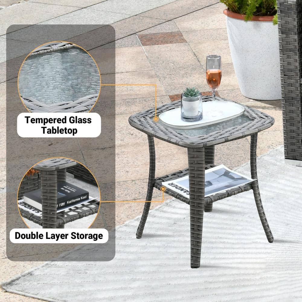 Venice 9-Piece Gray Wicker Patio Sofa Set with Denim Blue Cushions and Copper Fire Pit