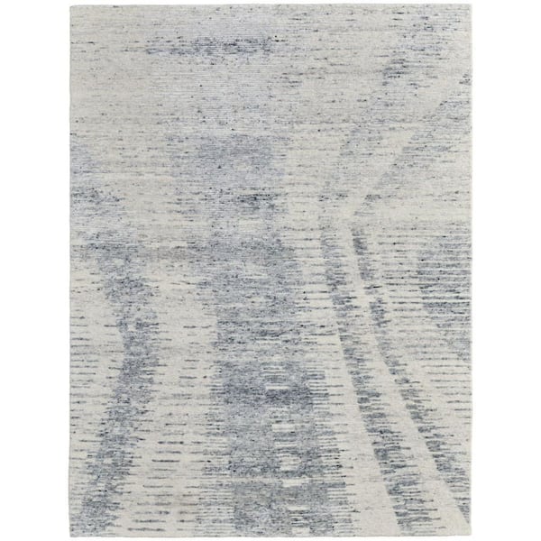 4 ft. x 6 ft. Ivory Gray and Blue Abstract Hand Knotted Worn Faded Area Rug