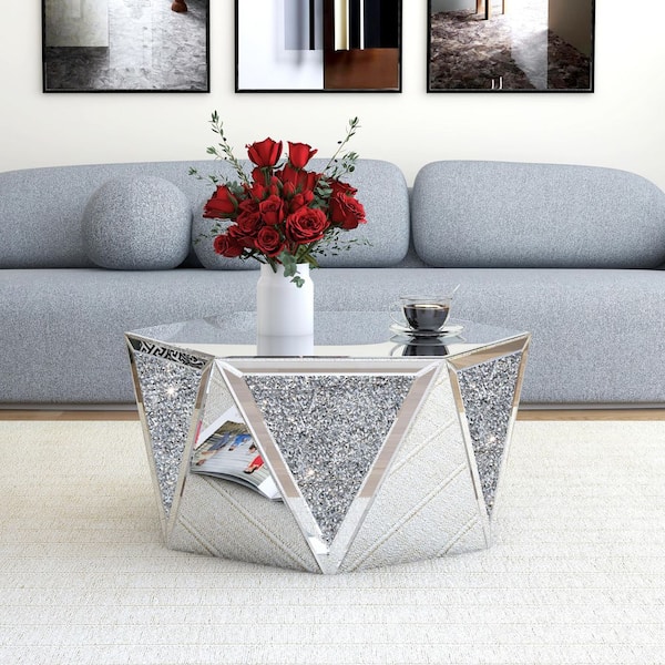 Silver 31.5 in. W x 15.75 in. H Hexagonal Glass Coffee Table with Mirrored Top