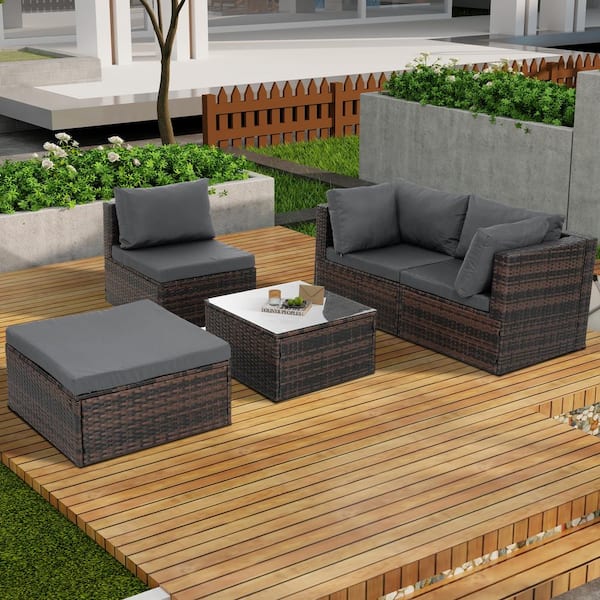 Unbranded Brown 5 -Piece Wicker Outdoor Furniture Sectional Set with Gray Cushions and Tempered Glass Coffee Table