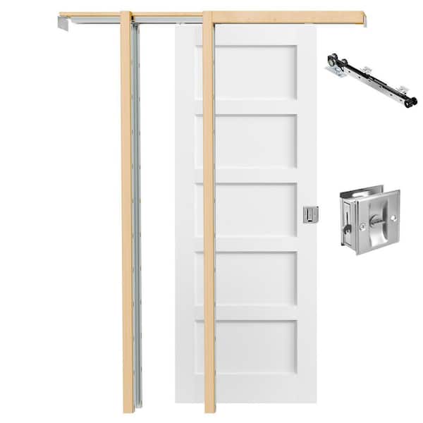 30 in. x 80 in. 5-Panel White Primed Pine Wood Sliding Pocket Door with Lock, Soft Close and Frame Kit Set, Laundry Door