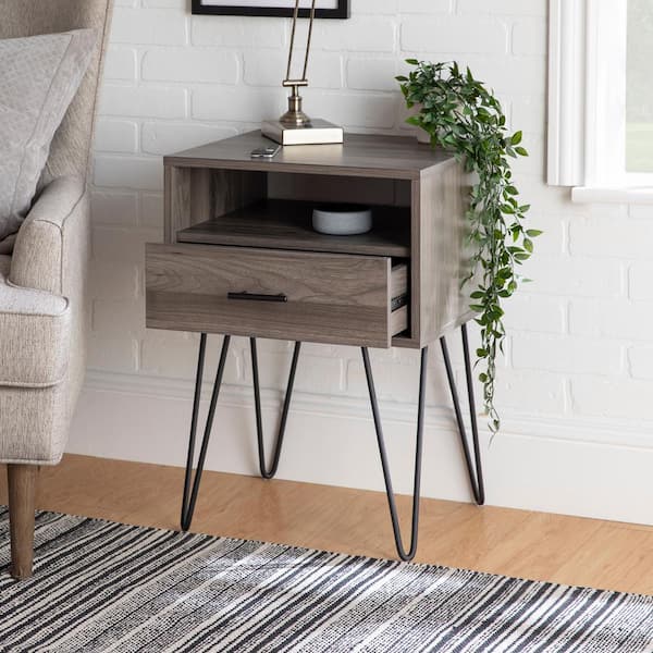 Modern Slate Grey 1-Drawer Hairpin Leg Side Table