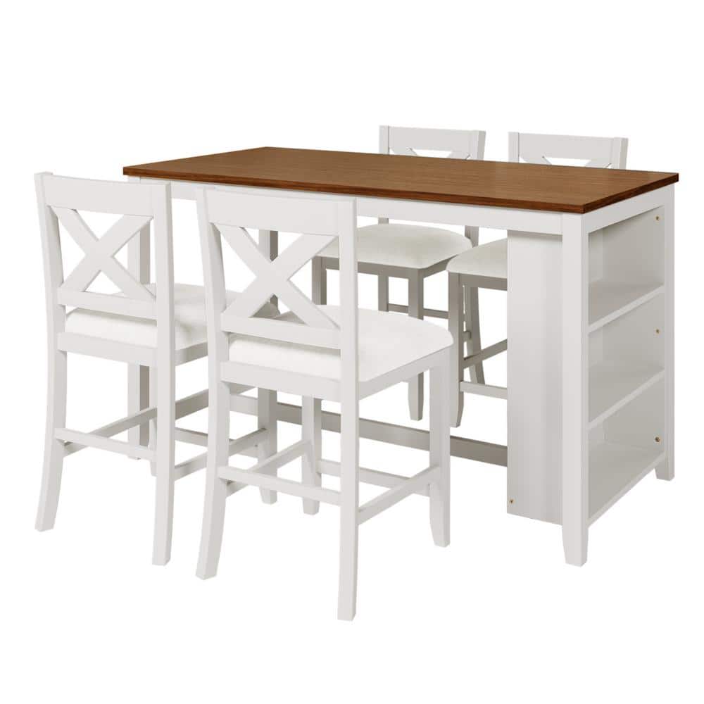 White 5-Piece Wood Counter Height Outdoor Dining Set in Rustic Farmhouse wi