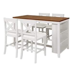 White 5-Piece Wood Counter Height Outdoor Dining Set in Rustic Farmhouse with Table Shelves, 4 Chairs and White Cushions