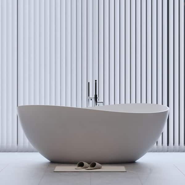 63 in. x 37.5 in. Solid Surface Tub Stone Resin Flatbottom Freestanding Soaking Bathtub with Overflow in Matte White