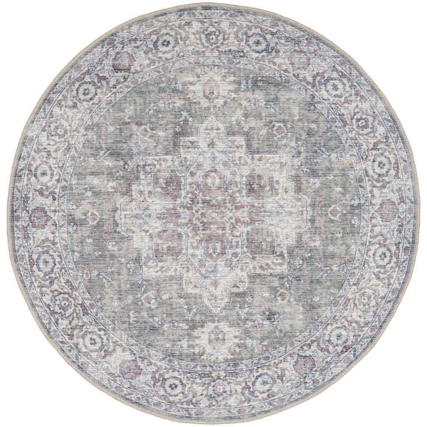 Unbranded Machine Washable Series 1 Ivory Grey 4 ft. x 4 ft. Distressed Traditional Round Area Rug
