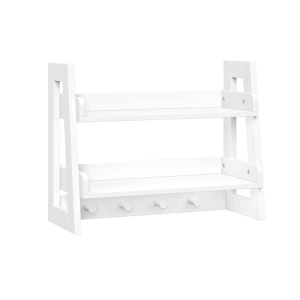 RiverRidge Home Amery 20 in. W x 8.5 in. D x 15.75 in. H 2-Tier Ladder Shelf with Hooks and Open Shelves for Bathroom in White