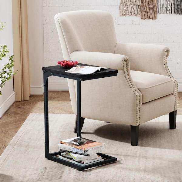 16 in. Black Engineered Wood C Shaped End Table, Farmhouse C Shaped Couch Tray End Tables (2-Pack)